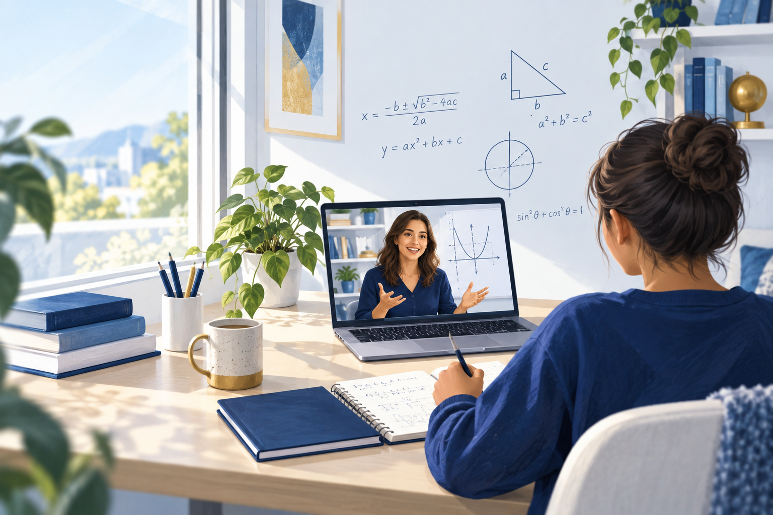 Illustration of a student learning math with an online tutor
